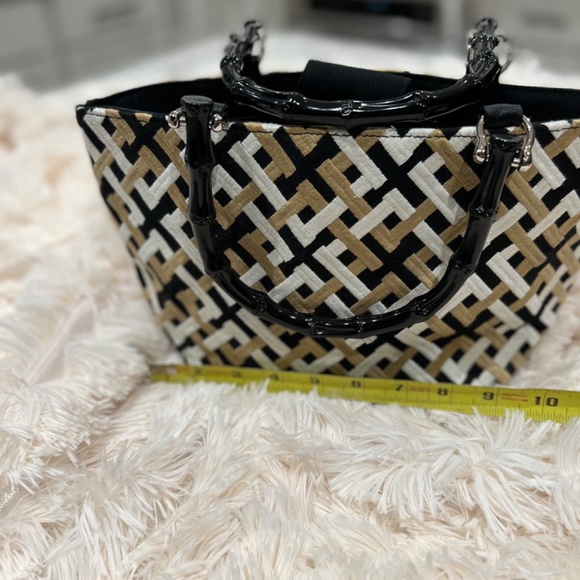 Talbots Black, Tan and White Handbag with Black Bamboo Style Handles - Picture 3 of 9